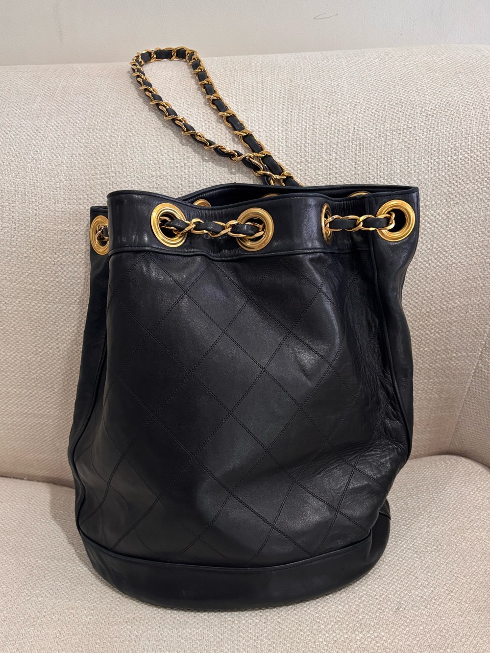 Authentic Vintage Chanel Bucket Bag Black Lambskin 24K Gold Hardware